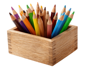 Colored pencils in wooden box, arranged upright, display variety of vibrant colors, perfect for art projects, drawing, and creative expression in classroom or studio setting