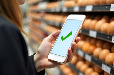 Hands hold the phone after paying for groceries using the mobile app. Concept of a modern payment method for purchases. Paying for food using a smartphone close up