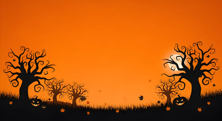 Vibrant Halloween decorations with pumpkins, bats, and spiderwebs on a bright orange background. Halloween border party