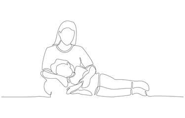 Continuous one line drawing of mother gently holding her child lying on her lap, symbolizing love, nurturing, care, and emotional bond between parent and child, single line art.