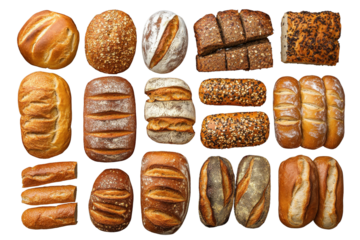 Freshly baked whole bread varieties displayed on a dark surface, showcasing diverse shapes, textures, and colors in an inviting arrangement perfect for any bakery or kitchen setting