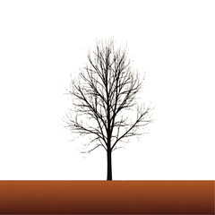 Obraz premium A stark silhouette of a leafless tree stands against a white background, its roots embedded in brown earth