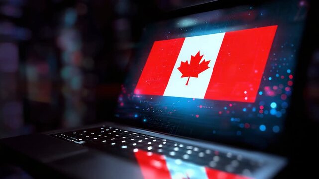 Laptop screen with digital tax warning notification glowing, faint Canadian flag colors overlay, canada digital services tax, dark sci-tech conceptual