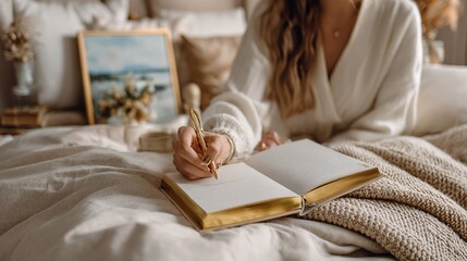 Woman's hand in  white sweater holding  gold pen writing in  blank lined journal with gold edged pages resting on  bed with textured blankets and pillows