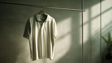 light colored polo shirt hangs on  wooden hanger attached to  metal clothing rack casting shadows on  textured wall