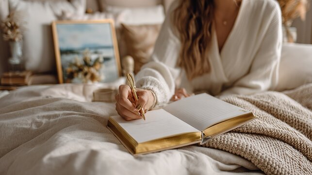 Woman's hand in  white sweater holding  gold pen writing in  blank lined journal with gold edged pages resting on  bed with textured blankets and pillows