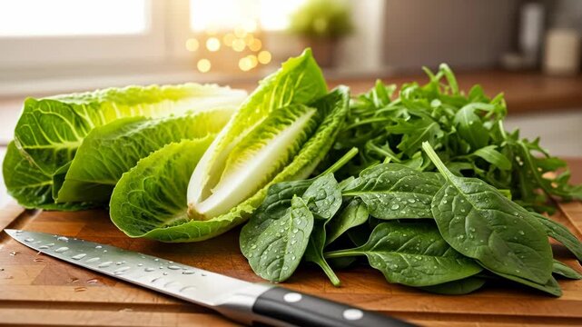 Fresh Greens on Wooden Cutting Board - Close-up view of fresh romaine lettuce, spinach, and arugula on a wooden cutting board. A kitchen knife rests nearby, suggesting preparation for a healthy meal.