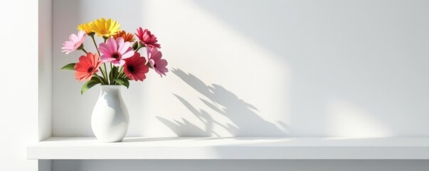 Sleek white shelf, single vase, vibrant blooms , nature, floral, spring