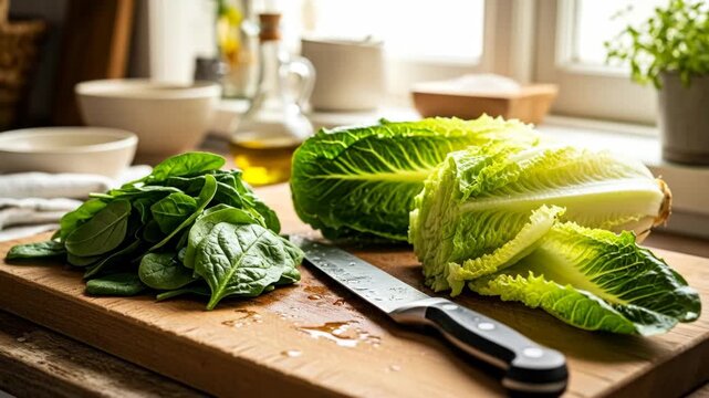 Fresh Greens on Wooden Cutting Board - A close-up shot of fresh spinach and romaine lettuce leaves arranged on a rustic wooden cutting board.