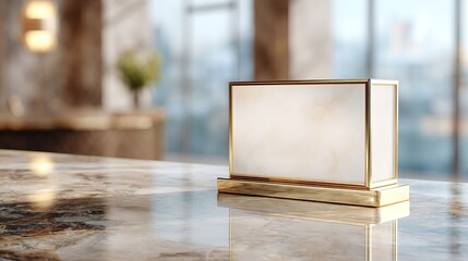 gold framed blank sign with  marble texture stands on  marble surface in  modern blurred interior setting