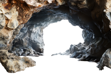 Cavern entrance with rocky formations and sandy floor illuminated by external light filtering through the opening at midday