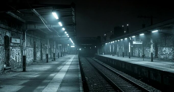 Abandoned train station at night with eerie atmosphere
