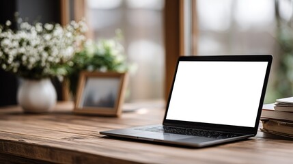 modern laptop with  blank white screen rests on  rustic wooden desk next to  stack of books  framed picture and  vase of white flowers
