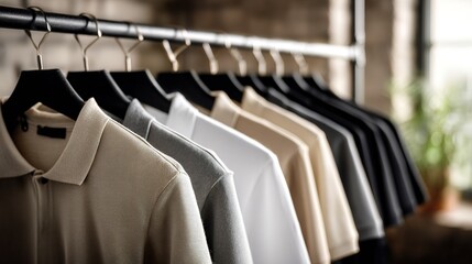 Neutral colored polo shirts neatly arranged on  clothing rack showcasing various shades of beige grey and black