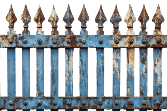Rusty blue bar fence with pointed tips isolated on a transparent background, showcasing weathering and charm from years of exposure to the elements