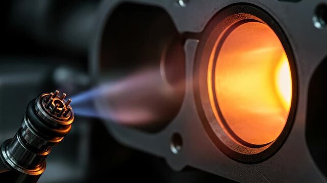 Fuel Injector Spraying into Glowing Engine Cylinder - Close-up of a fuel injector spraying a fine mist into a glowing engine cylinder during combustion.