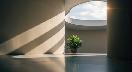 Modern space circular skylight, plant, shadows