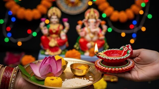Hands Of Girl Holding Illuminated Clay Diya Deep Dia Lamp With Pooja Thali, Flowers And Doing Aarti Of Maa Lakshmi & Bhagwan Ganesh Deva. Diwali Puja , New Year, Deepawali Or Shubh