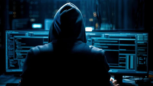 Hacker working on computer in dark room