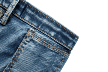 Denim fabric texture showcasing fading and stitching details, captured in bright white background emphasizing the transparency and intricate design of the material