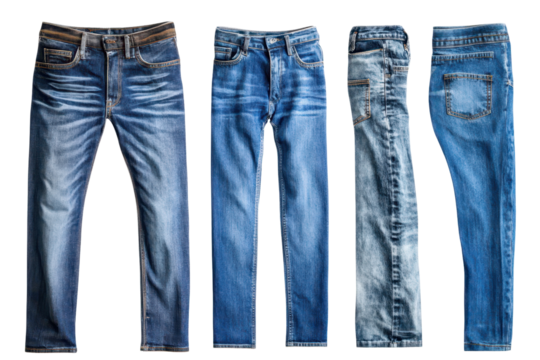 Collection of various styles of blue jeans displayed in a neat arrangement showcasing different washes and cuts on a white background