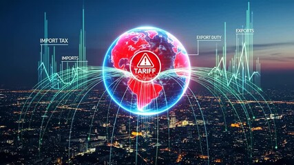 Global Tariff Warning: Illuminated City Skyline - A glowing globe with a prominent tariff warning floats above a brightly lit city skyline, illustrating global trade and economic impact. - Powered by Adobe