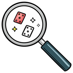 Magnifying glass examines dice and sparkling stars for game luck and chance
