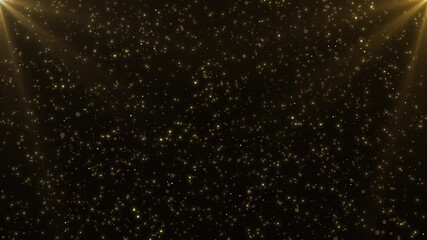 Golden particles float upward backdrop, illuminated by glowing beams of corner lights. Elegant motion of sparkling dust creates stunning luxury background for celebration, award, event visuals - Powered by Adobe