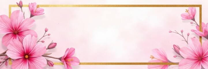Obraz premium Subtle pink watercolor flower spray, gilded rectangular frame , bloom, golden