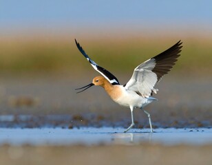 Obraz premium Elegant avocet gracefully landing on shimmering water with wings outstretched in nature