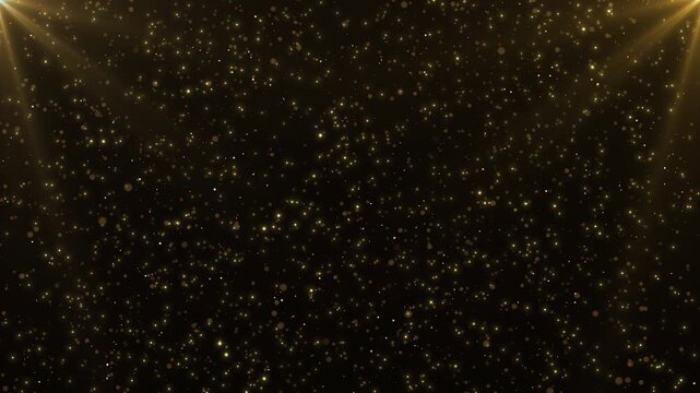 Golden particles float upward backdrop, illuminated by glowing beams of corner lights. Elegant motion of sparkling dust creates stunning luxury background for celebration, award, event visuals
