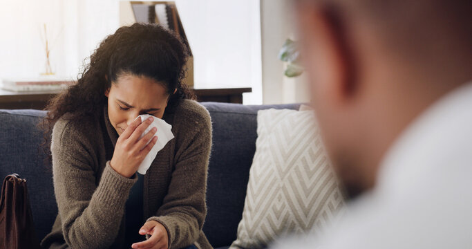 Mental health, therapy and woman crying on couch with therapist for advice, psychology and grief. Counseling, consultation and person with psychiatrist for tears, support or decision with life coach