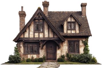 Charming timber-framed cottage with a rustic design set in a tranquil environment surrounded by lush greenery and stone pathways