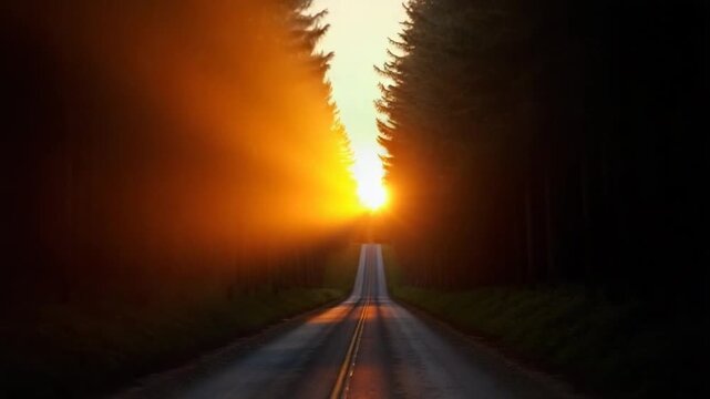 forest road under sunset sunbeams