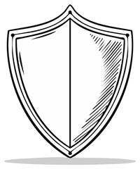 Classic medieval shield drawn in outline style with hatching detail on one side