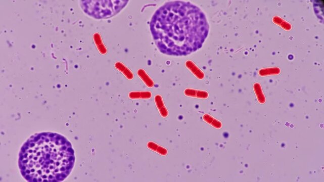 Salmonella Bacteria Under Microscope - Microscopic view of gram-stained Salmonella bacteria. The video shows rod-shaped bacteria stained red against a light purple background with other cellular