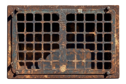 Rusty air grating ventilation covering an opening with a textured surface in a low resolution setting showing signs of wear and age