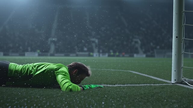 Soccer goalkeeper diving to catch ball in stadium at night