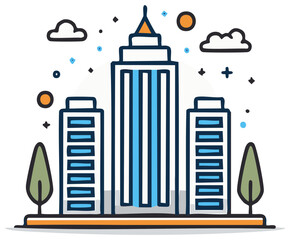 Fototapeta premium Modern city skyline illustration featuring skyscraper, urban buildings, and natural elements