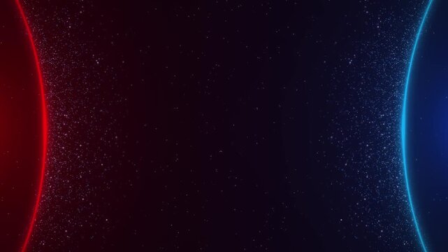 Video footage of glowing blue red particles creating dynamic cosmic motion, futuristic abstract background design for celebration, festival visuals, digital effects, modern sci fi technology themes.