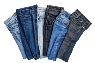 Collection of various jeans showcasing different styles, colors, and denim textures displayed on a white background for fashion-focused design and marketing purposes
