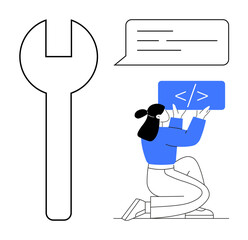 Woman coding while holding a code panel, next to a large wrench. Speech bubble for collaboration. Ideal for technology, innovation, coding, teamwork, coding support, tools simple landing page