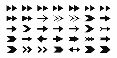 Collection of diverse black arrow icons pointing right and left on a white background
