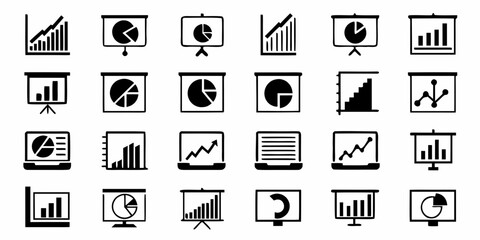 Collection of black and white icons representing various types of business charts and graphs