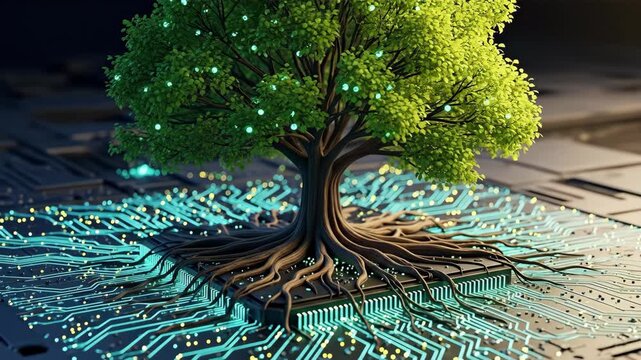 Green Technology Tree on Circuit Board - A lush green tree with glowing lights embedded in its leaves is rooted in a glowing circuit board.