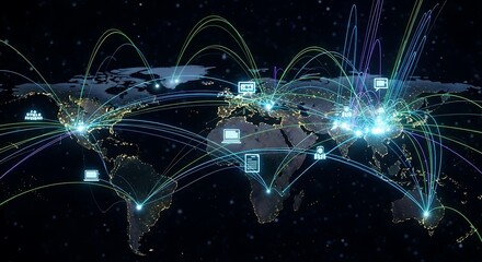 Global Network Connections: World Map with Digital Icons and Light Trails.