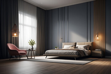 A cozy and modern luxury apartment living room and bedroom with comfortable furniture, warm lighting, and beautiful interior design