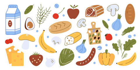 Collection of hand drawn doodle style food items including fruits vegetables bread dairy and meat products