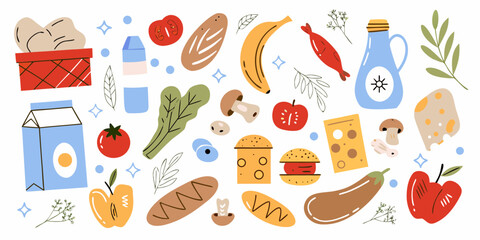 A vibrant collection of fresh food items and groceries arranged in a playful scattered pattern