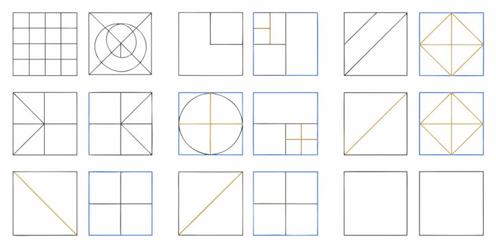 Collection of geometric diagrams and visual compositions illustrating mathematical principles and design elements